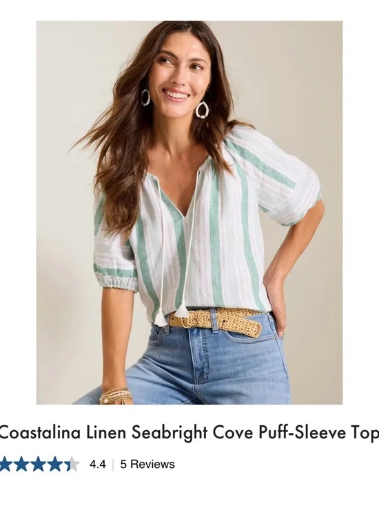 Tommy Bahama Seafoam and White Striped Puff-Sleeve Top - Picture 1 of 4